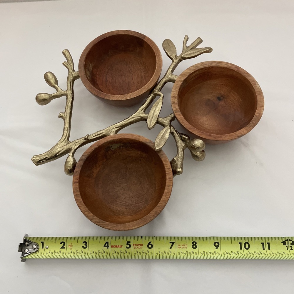 Wooden Trio Dipping Bowls Condiments Dips‎ With Gold Accents